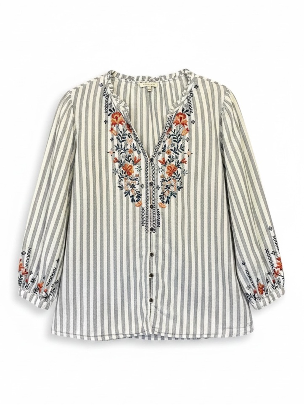 Kate & Sam Cotton Striped Embroidered Boho Tunic Blouse Size Small